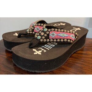 Womens Gypsy Soule Black Wedge Flip Flops Beaded Pink & Turquoise Strap Sz 9